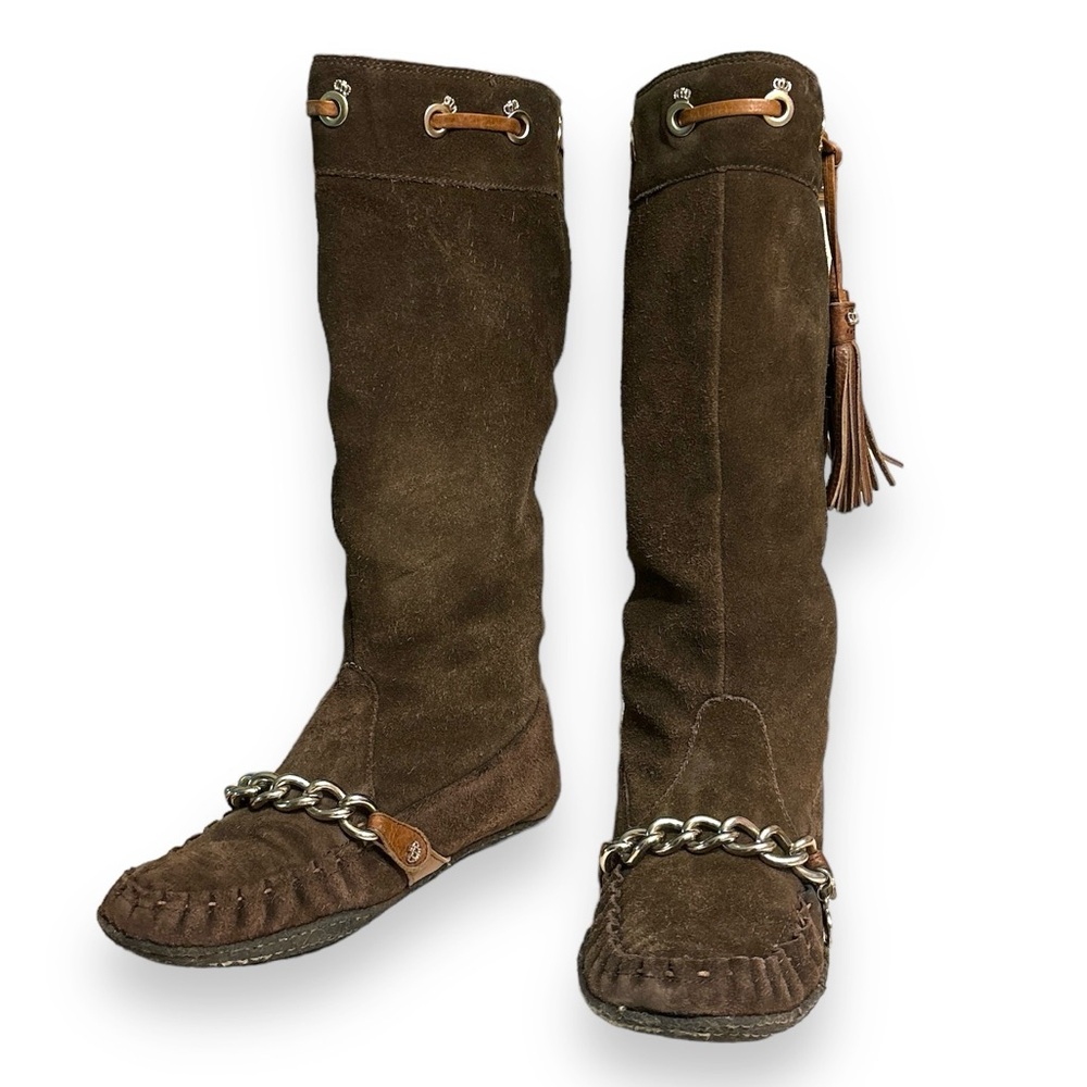 JUICY COUTURE Tall Suede Moccasins Chain & Tassel Detail